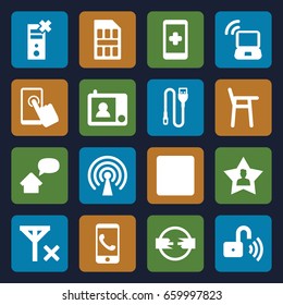 Mobile icons set. set of 16 mobile filled icons such as stop, favourite user, wire, opened security lock, intercom, sim card, home message, laptop signal, signal, no signal