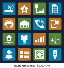Mobile icons set. set of 16 mobile filled icons such as bed mobile, call, operator, favourite user, home, router, sim card, camera, signal, support, menu, qr code