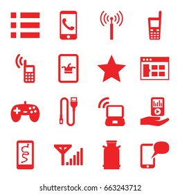 Mobile icons set. set of 16 mobile filled icons such as canister, signal tower, poker on phone, old phone, mp3 player on hand, wire, laptop signal, mobile signal, star