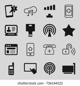 Mobile icons set. set of 16 mobile filled and outline icons such as finger on tablet, laptop, signal, star, browser, phone, camera, medical phone, music cloud