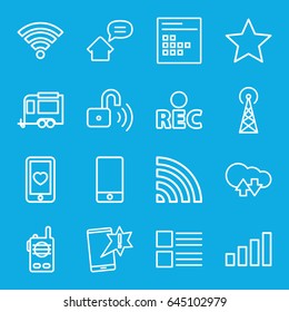 Mobile icons set. set of 16 mobile outline icons such as signal tower, trailer, heart mobile, phone, wi-fi, rec, calendar, opened security lock, home message, signal