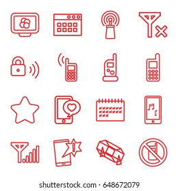 Mobile icons set. set of 16 mobile outline icons such as no phone, baby monitor phone, star, lottery, calendar, signal, security lock, no signal, atom on display
