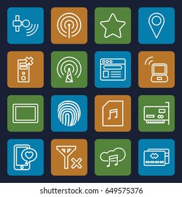 Mobile icons set. set of 16 mobile outline icons such as phone with heart, tablet, star, browser, memory card with music, music cloud, laptop signal, signal, fingerprint