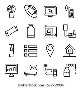 Mobile icons set. set of 16 mobile outline icons such as canister, signal, call, home, router, intercom, phone, wavy phone, menu, usb drive, phone connection cable, cable