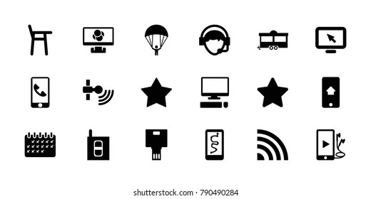 Mobile icons. set of 18 editable filled mobile icons: star, baby chair, trailer, route and phone, display pointer, operator, phone and earphones, signal, intercom, camera
