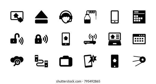 Mobile icons. set of 18 editable filled mobile icons: canister, important message, phone, operator, eject button, search cloud, cable, browser window, calendar, camera display