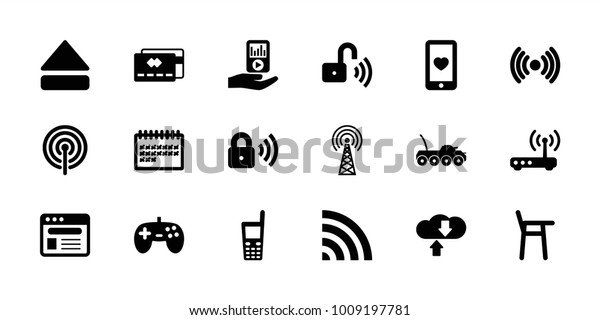 Mobile icons.\
set of 18 editable filled mobile icons: joystick, credit card, baby\
chair, calendar, heart mobile, wi-fi, old phone, browser, eject\
button, mp3 player on\
hand