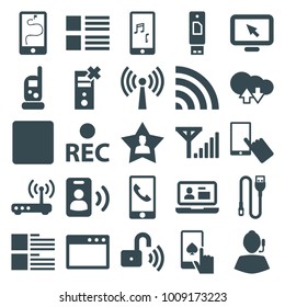 Mobile icons. set of 25 editable filled mobile icons such as baby monitor phone, finger on display, menu, cloud download upload, display pointer, support, wi-fi, rec, stop