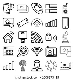 Mobile icons. set of 25 editable outline mobile icons such as phone, browser window, menu, credit card, important message, wavy phone, call, signal, support, zoom in, home