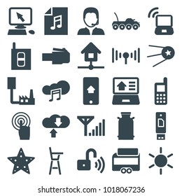 Mobile icons. set of 25 editable filled mobile icons such as canister, sun, pointer on display, phone, touchscreen, music cloud, download cloud, usb drive, phone cable