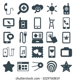 Mobile icons. set of 25 editable filled mobile icons such as sun, star, poker on phone, browser window, photo with heart, phone with heart, display pointer, touchscreen