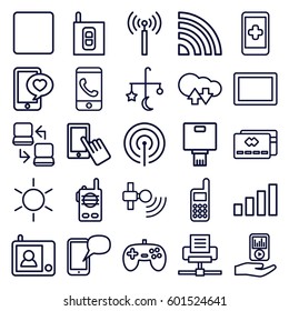 mobile icons set. Set of 25 outline icons such as signal tower, sun, bed mobile, finger on display, phone with heart, tablet, stop, mp3 player on hand, phone, intercom