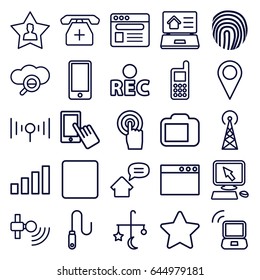 Mobile icons set. set of 25 mobile outline icons such as signal tower, bed mobile, pointer on display, finger on display, phone, touchscreen, star, rec, browser, medical phone