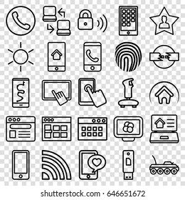 Mobile icons set. set of 25 mobile outline icons such as sun, finger on tablet, phone with heart, browser, favourite user, phone, real estate on laptop, home, security lock