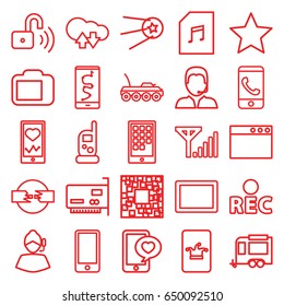 Mobile icons set. set of 25 mobile outline icons such as baby monitor phone, poker on phone, trailer, tablet, rec, memory card with music, support, camera display