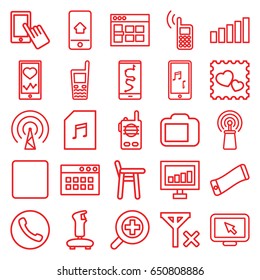 Mobile icons set. set of 25 mobile outline icons such as finger on display, signal, heartbeat on phone, photo with heart, old phone, stop, memory card with music