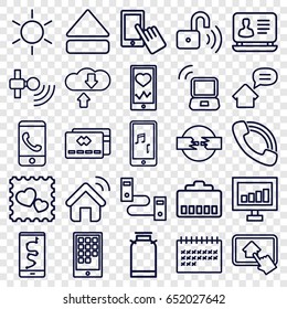 Mobile icons set. set of 25 mobile outline icons such as sun, canister, finger on display, laptop, signal, heartbeat on phone, calendar, photo with heart, call, eject button