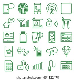 Mobile icons set. set of 25 mobile outline icons such as canister, poker on phone, heartbeat on phone, stop, music cloud, wire, real estate on laptop, security lock