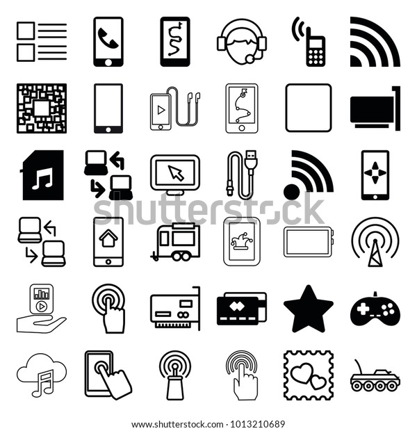 Mobile icons. set of 36\
editable filled and outline mobile icons such as credit card, route\
and phone, star, memory card with music, signal, phone connection\
cable, phone