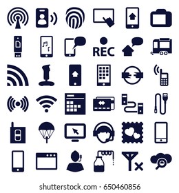 Mobile icons set. set of 36 mobile filled icons such as canister, finger on tablet, trailer, photo with heart, phone, wi-fi, operator, rec, mobile phone music, calendar, wire