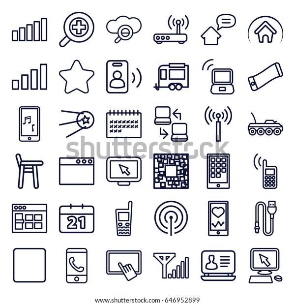 Mobile icons set.\
set of 36 mobile outline icons such as signal tower, star, pointer\
on display, finger on tablet, laptop, trailer, heartbeat on phone,\
calendar, old phone