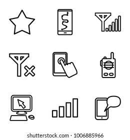 Mobile icons. set of 9 editable outline mobile icons such as pointer on display, star, route and phone, touchscreen, message on phone, signal, no signal, mobile signal