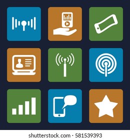 mobile icons set. Set of 9 mobile filled icons such as signal tower, laptop, star, mp3 player on hand, signal, message on phone