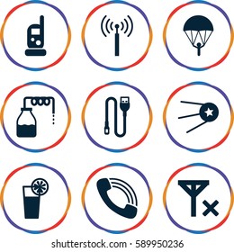 mobile icons set. Set of 9 mobile filled icons such as canister, signal tower, baby monitor phone, call, cocktail, wire, no signal, star