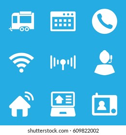 Mobile icons set. set of 9 mobile filled icons such as trailer, real estate on laptop, signal, intercom, wi-fi, house signal, call, support