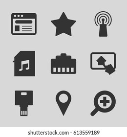 Mobile icons set. set of 9 mobile filled icons such as star, signal, browser, memory card with music, zoom in, home on tablet, camera, phone cable