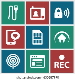 Mobile icons set. set of 9 mobile filled icons such as phone with heart, rec, browser, wire, home, security lock, intercom, sim card