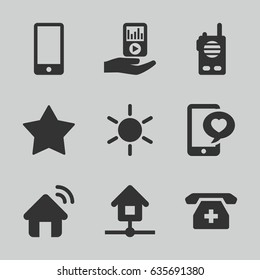 Mobile icons set. set of 9 mobile filled icons such as sun, star, phone with heart, medical phone, mp3 player on hand, phone, home, house signal