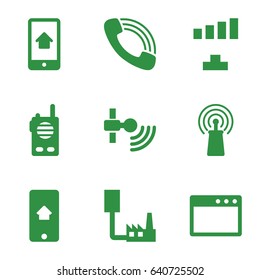 Mobile icons set. set of 9 mobile filled icons such as signal, call, home on phone display, walkie talkie, browser window