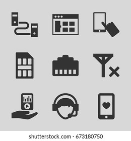 Mobile icons set. set of 9 mobile filled icons such as finger on display, heart mobile, operator, mp3 player on hand, sim card, no signal, browser window, phone cable
