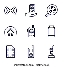 mobile icons set. Set of 9 mobile outline icons such as canister, baby monitor phone, phone, mp3 player on hand, zoom in, home, sim card, walkie talkie