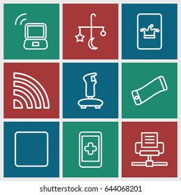 Mobile icons set. set of 9 mobile outline icons such as bed mobile, poker on phone, stop, laptop signal, wavy phone, signal, phone connection cable, joystick