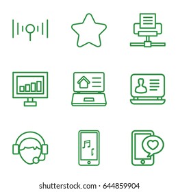 Mobile icons set. set of 9 mobile outline icons such as star, laptop, signal, phone with heart, operator, mobile phone music, real estate on laptop
