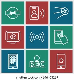 Mobile icons set. set of 9 mobile outline icons such as rec, home on phone display, calendar on phone, call, star, atom on display, signal, cable