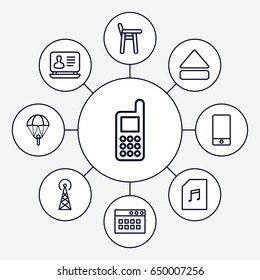 Mobile icons set. set of 9 mobile outline icons such as signal tower, phone, laptop, eject button, memory card with music, baby chair, browser window