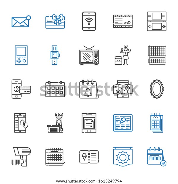 mobile icons set.\
Collection of mobile with calendar, signal, menu, scanning,\
smartphone, antenna, data transfer, mirror, mobile map, grid.\
Editable and scalable\
icons.
