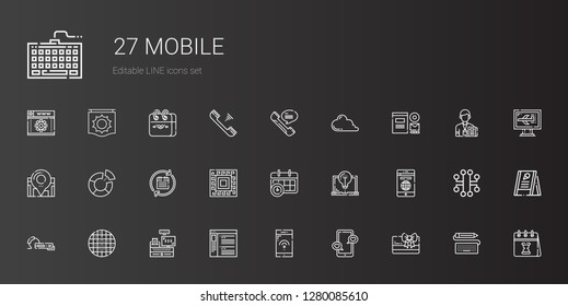 mobile icons set. Collection of mobile with card, smartphone, browser, cashier, grid, earphone, laptop, calendar, pattern, pie chart, location. Editable and scalable mobile icons.