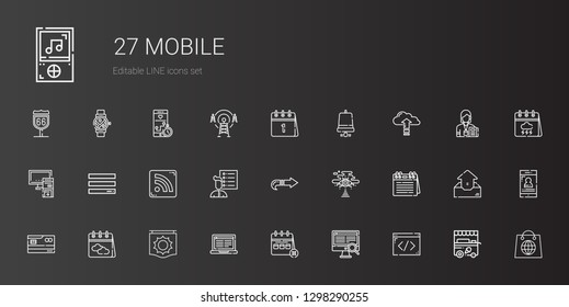 mobile icons set. Collection of mobile with coding, computer, calendar, laptop, signal, credit card, cloud computing, next, user list, rss feed. Editable and scalable mobile icons.