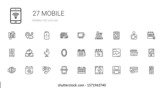 mobile icons set. Collection of mobile with console, smartphone, calendar, telephone, brand, fast forward, mirror, satellite dish, inbox, menu. Editable and scalable mobile icons.