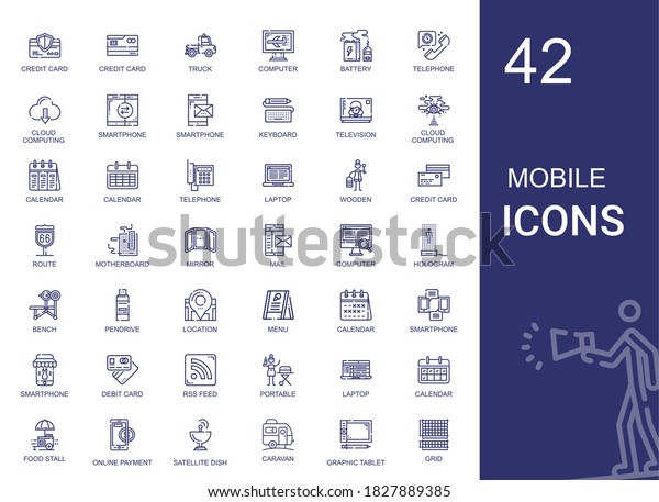 mobile\
icons set. Collection of mobile with credit card, truck, computer,\
battery, telephone, cloud computing, smartphone, keyboard,\
television. Editable and scalable mobile\
icons.