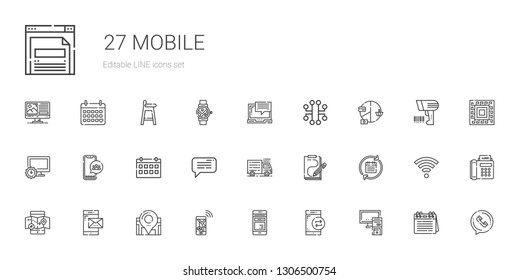 mobile icons set. Collection of mobile with pc, smartphone, mobile phone, navigation, location, map, calendar, sketch, truck, message. Editable and scalable icons.