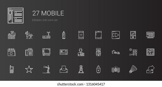 mobile icons set. Collection of mobile with satellite, marker, antenna, inbox, advertising, star, cellphone, earphone, payment method, journalist. Editable and scalable mobile icons.