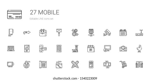 mobile icons set. Collection of mobile with smartphone, mobile phone, marker, graphic tablet, telephone, location, computer, calendar, antenna. Editable and scalable icons.
