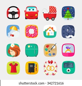 Mobile icons set in flat style for mobile app, internet, web interface design: business office wedding shopping communication clothes computer media player transportation christmas bagel new year ring