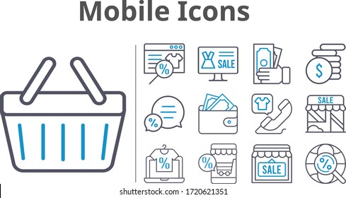 mobile icons set. included online shop, shop, wallet, money, chat, phone call, shopping-basket, internet icons. bicolor styles.