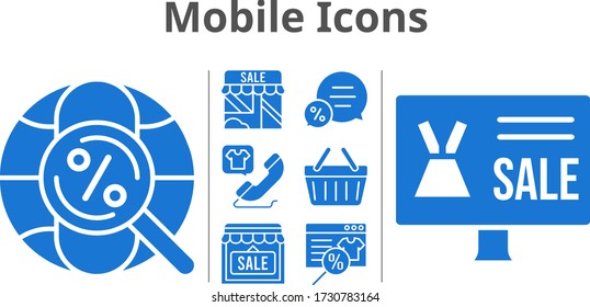 mobile icons set. included online shop, shop, chat, phone call, shopping-basket, internet icons. filled styles.